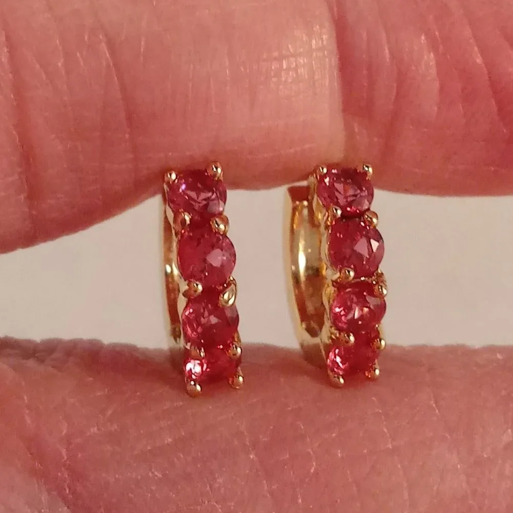 18K Yellow Gold Filled Small Ruby Red Diamond Zircon Hoop Huggie Earrings Gift